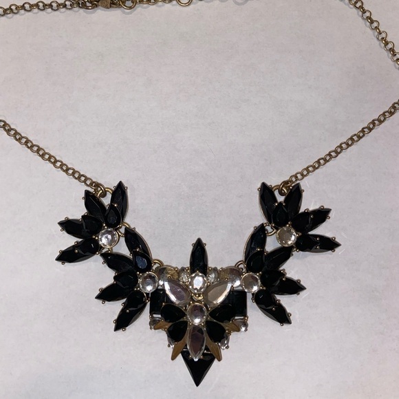 J Crew Necklace Antique Gold Tone Chain Statement Black Clear Glass Crystal - Picture 1 of 3